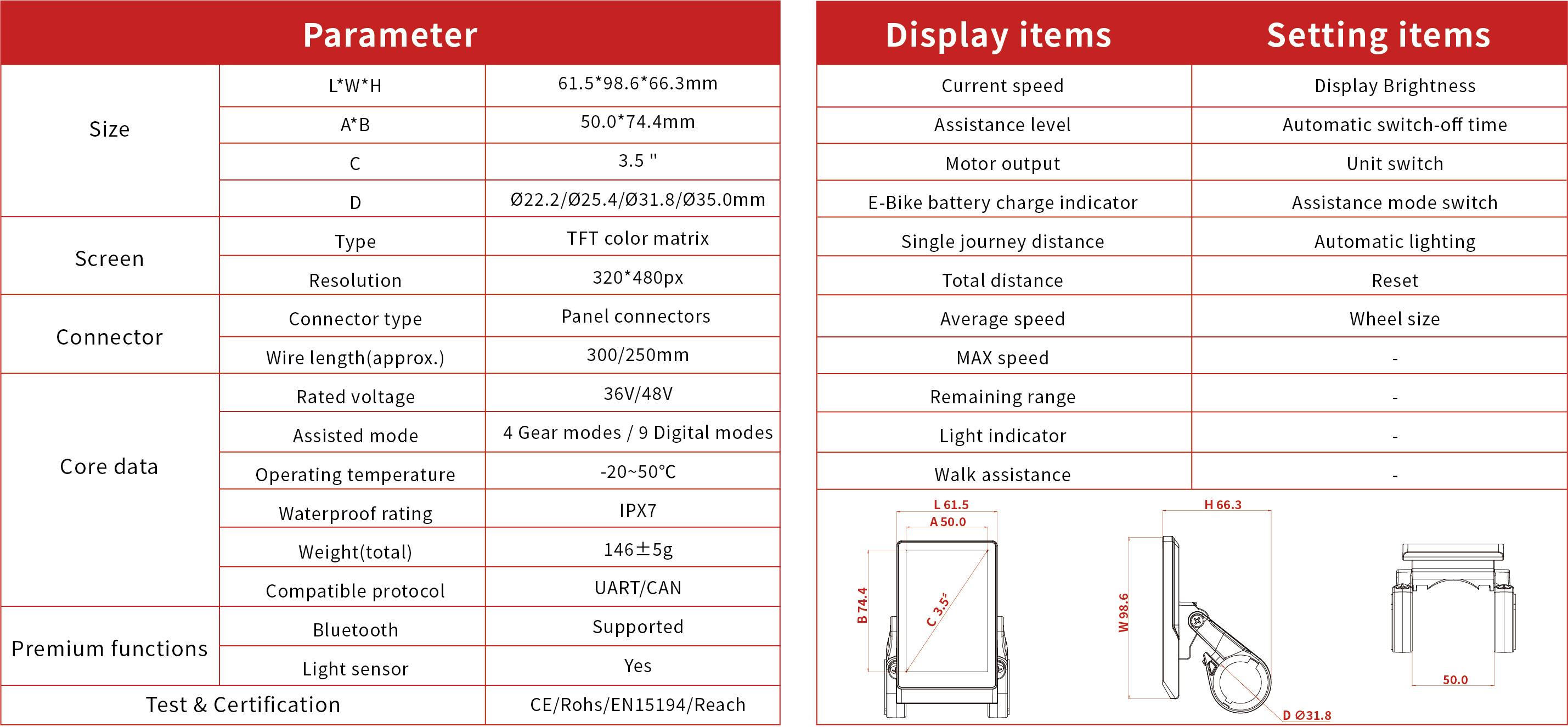 IPX7 E-bike TFT Display（X1）